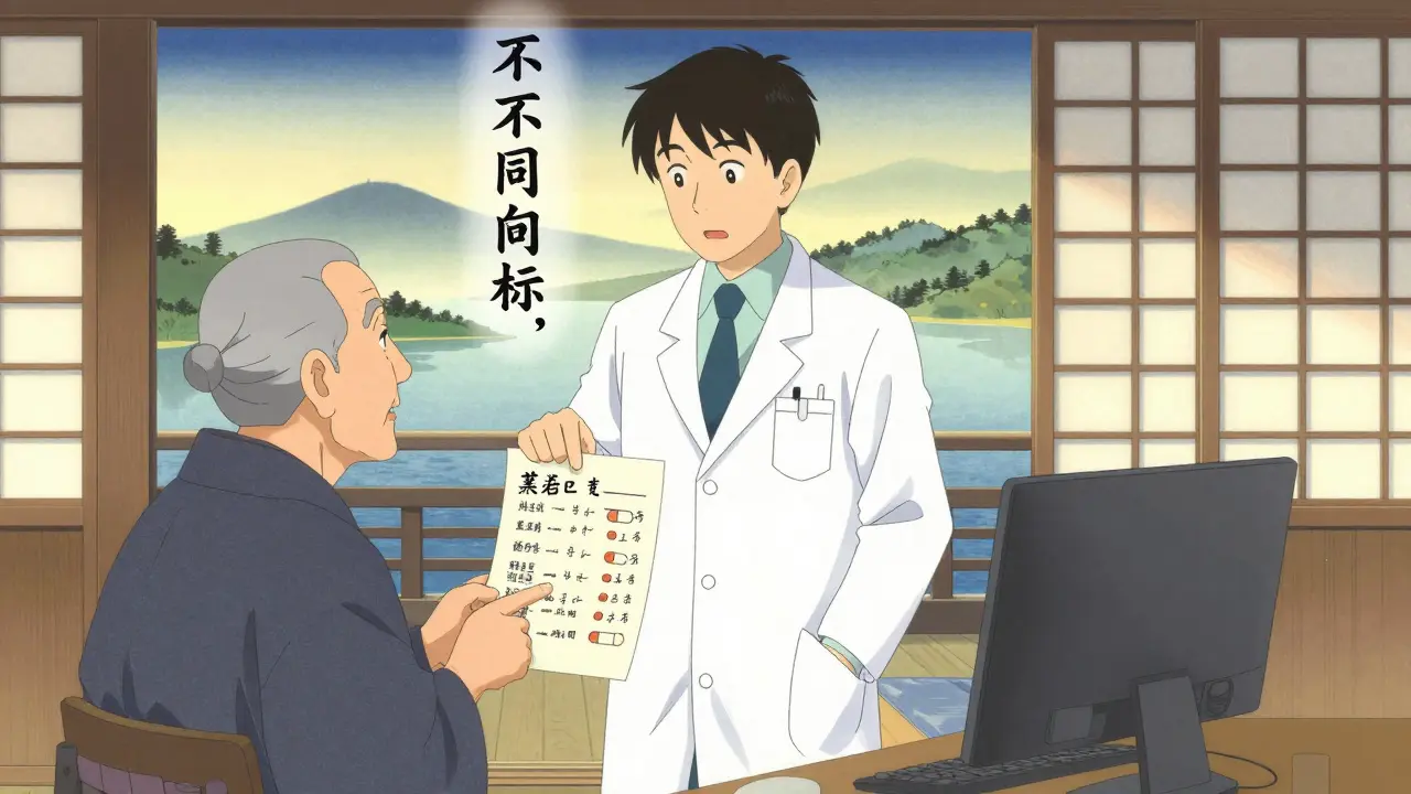 Elderly patient and pharmacist examine a hand-drawn pill comparison chart on rice paper under warm light.