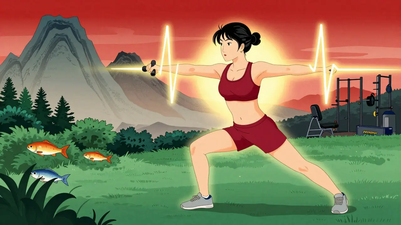 Energetic woman exercising outdoors with healthy food motifs, symbolizing heart disease prevention.