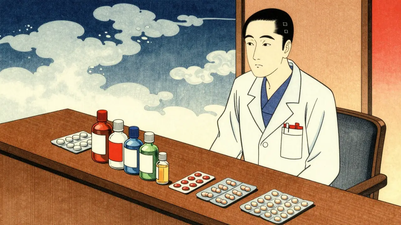 Illustration of pharmacist standing near sorted medication bottles.