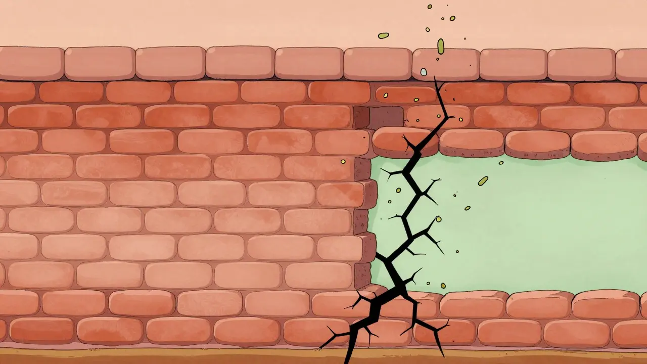 Illustration of skin barrier cracks allowing small allergen particles to pass through.