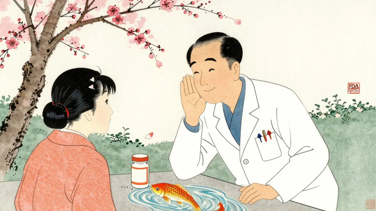 Pharmacist whispers reassurance to a patient as koi fish swim around them, symbolizing trust in ukiyo-e aesthetic.