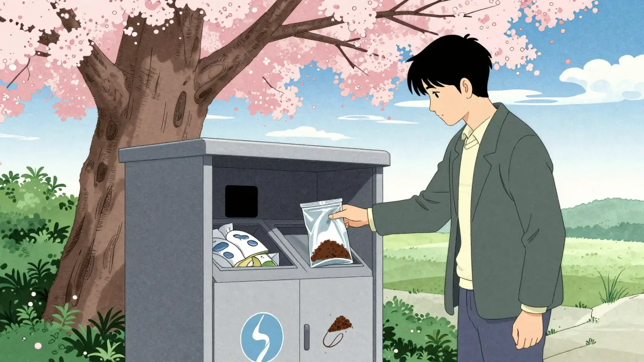 Sealed bag being placed into a secure drug take-back box.