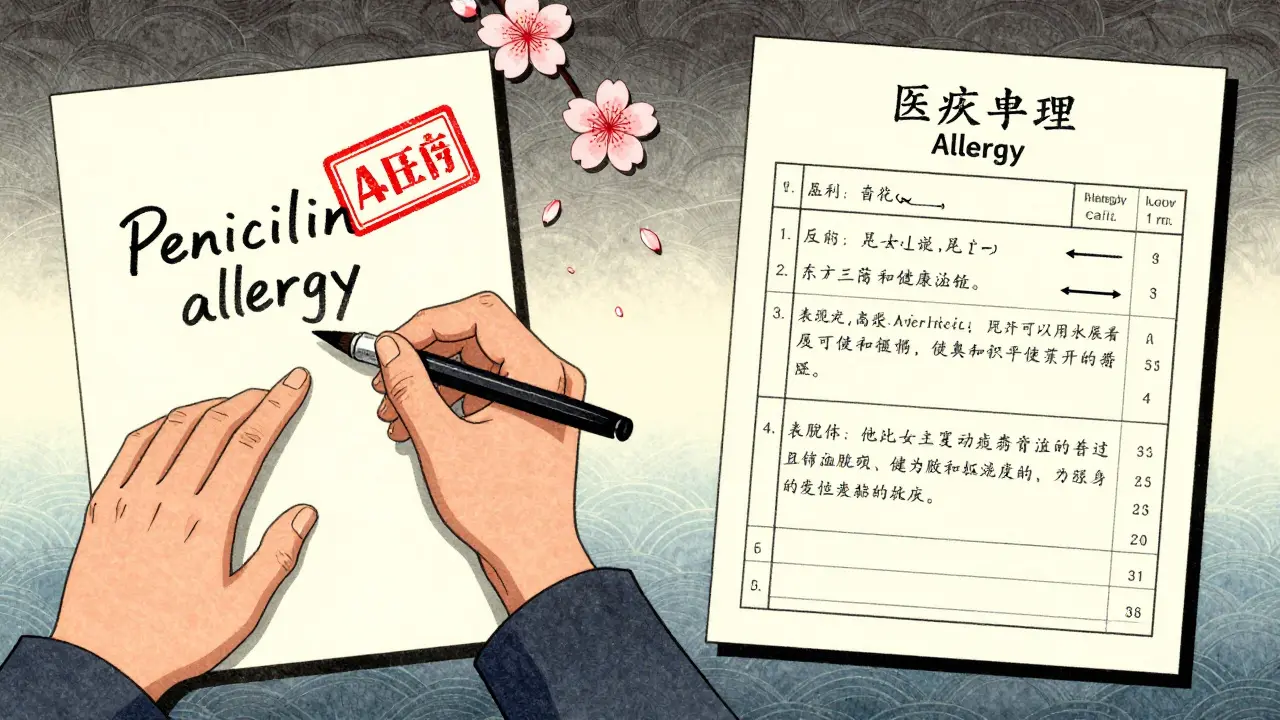 Split illustration comparing vague vs precise allergy documentation, with cherry blossom symbolizing correction and clarity.