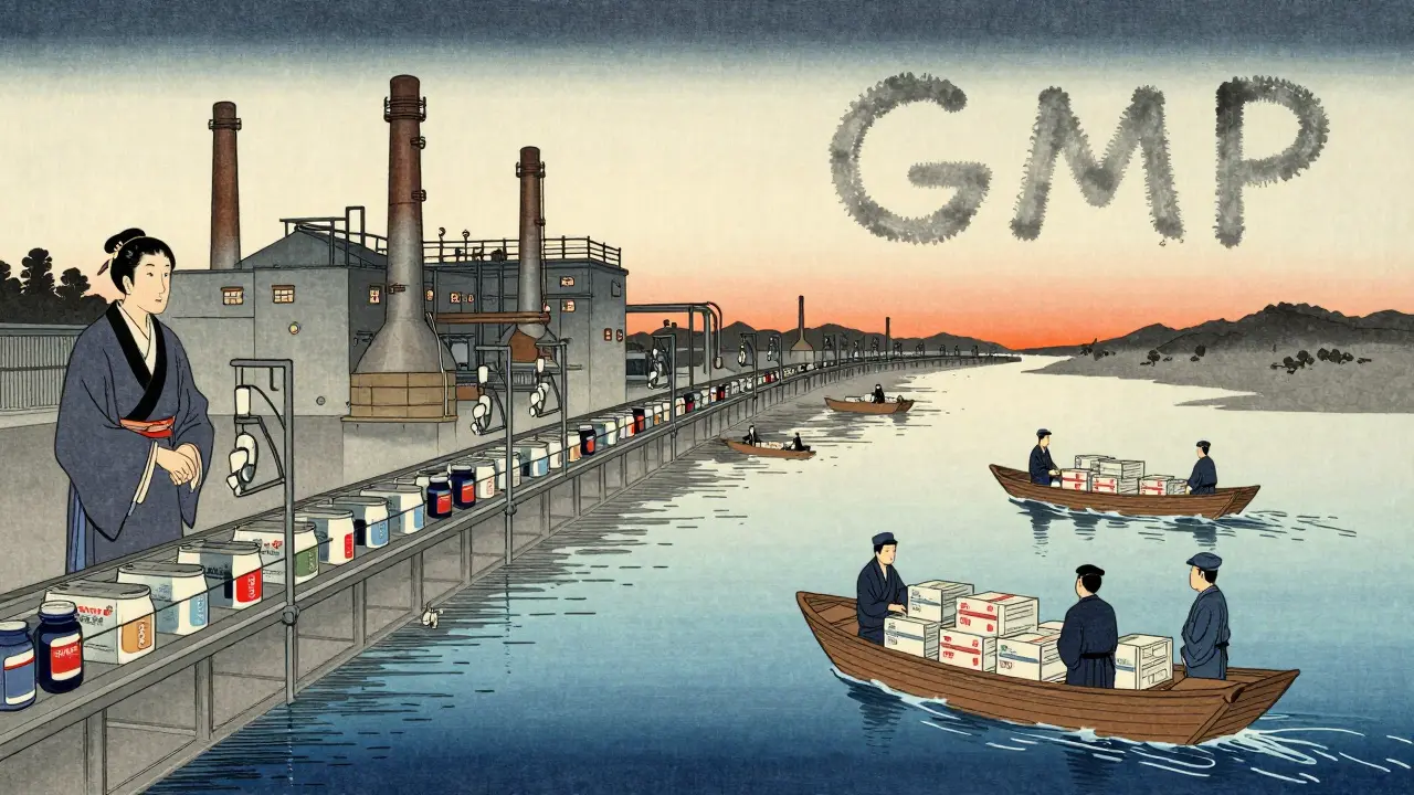 Two drug production lines side by side, watched by an inspector in traditional robes, with overseas shipments being inspected.