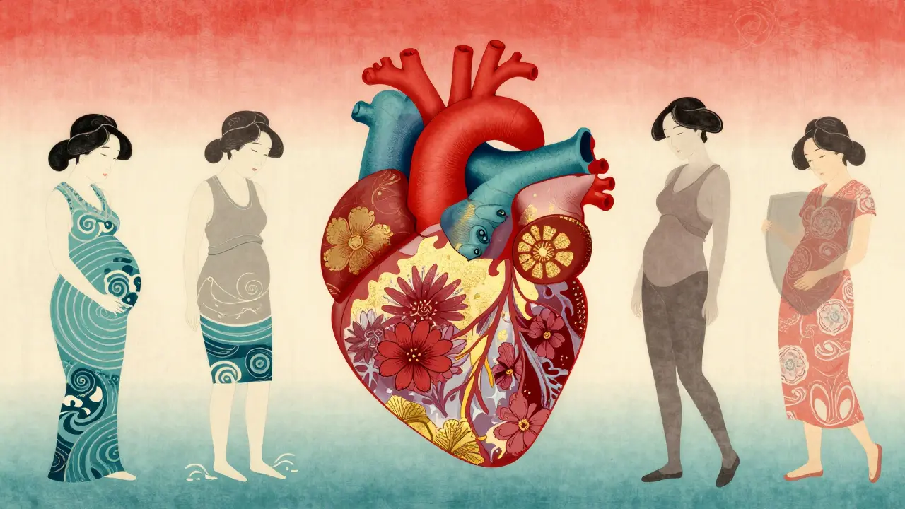 Woman silhouette with heart and floral patterns showing hormonal and pregnancy risk connections.