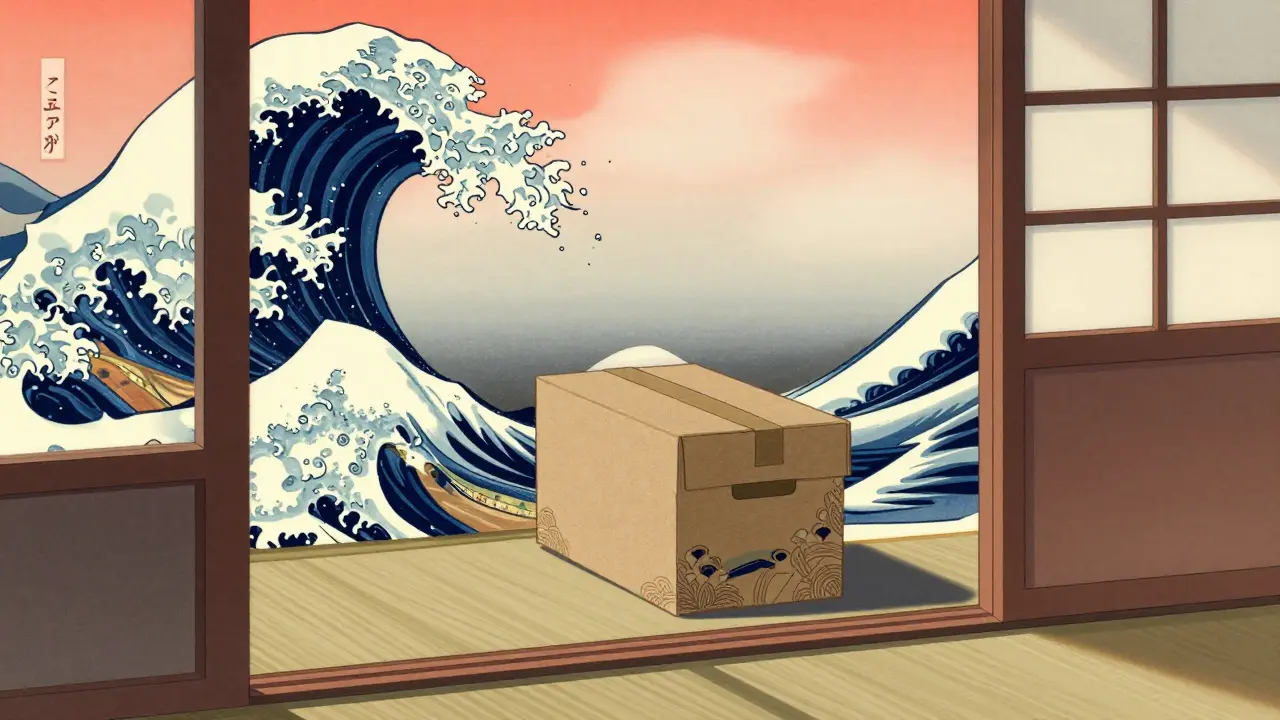 A stylized Japanese delivery package arriving at a doorstep in Ukiyo-e woodblock style.