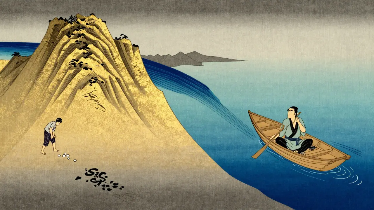 A symbolic Ukiyo-e comparison between a steep golden mountain and a flowing blue river.