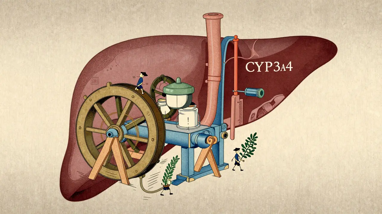 Conceptual Ukiyo-e art of a liver enzyme depicted as a Japanese water wheel being jammed by herbs.