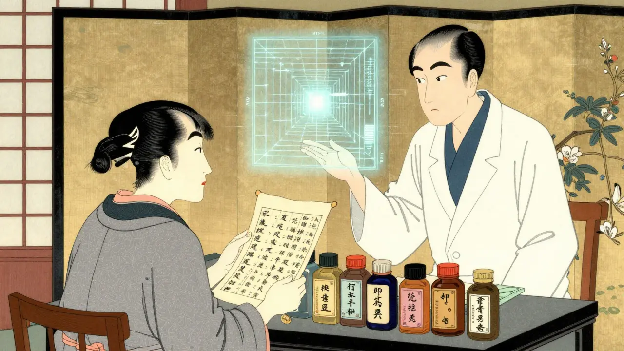 Patient showing a detailed herbal list to a pharmacist in a traditional Japanese setting.