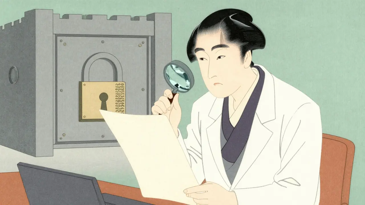 Pharmacist in traditional and modern dress carefully verifying a prescription scroll.