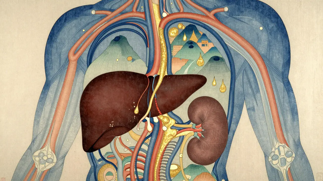 Stylized anatomical illustration of liver and kidney drug processing in Ukiyo-e style.