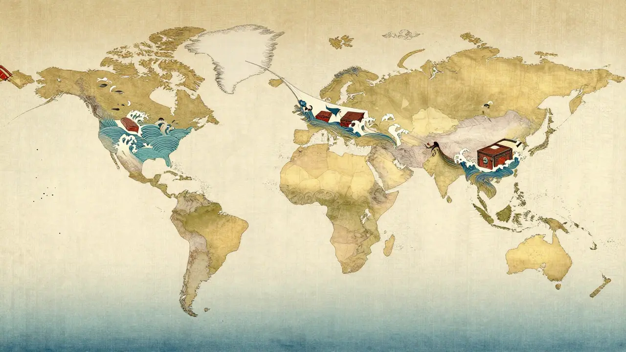 Stylized global map showing medicine parcels traveling between different countries via waves.