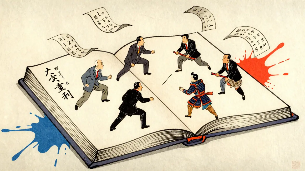Stylized scene of figures battling over a large open book of drug patents.