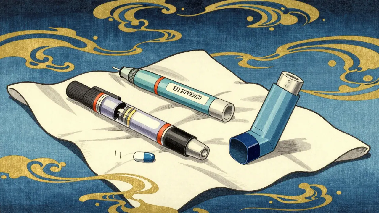 Ukiyo-e style depiction of an insulin pen, EpiPen, and inhaler on a silk cloth.