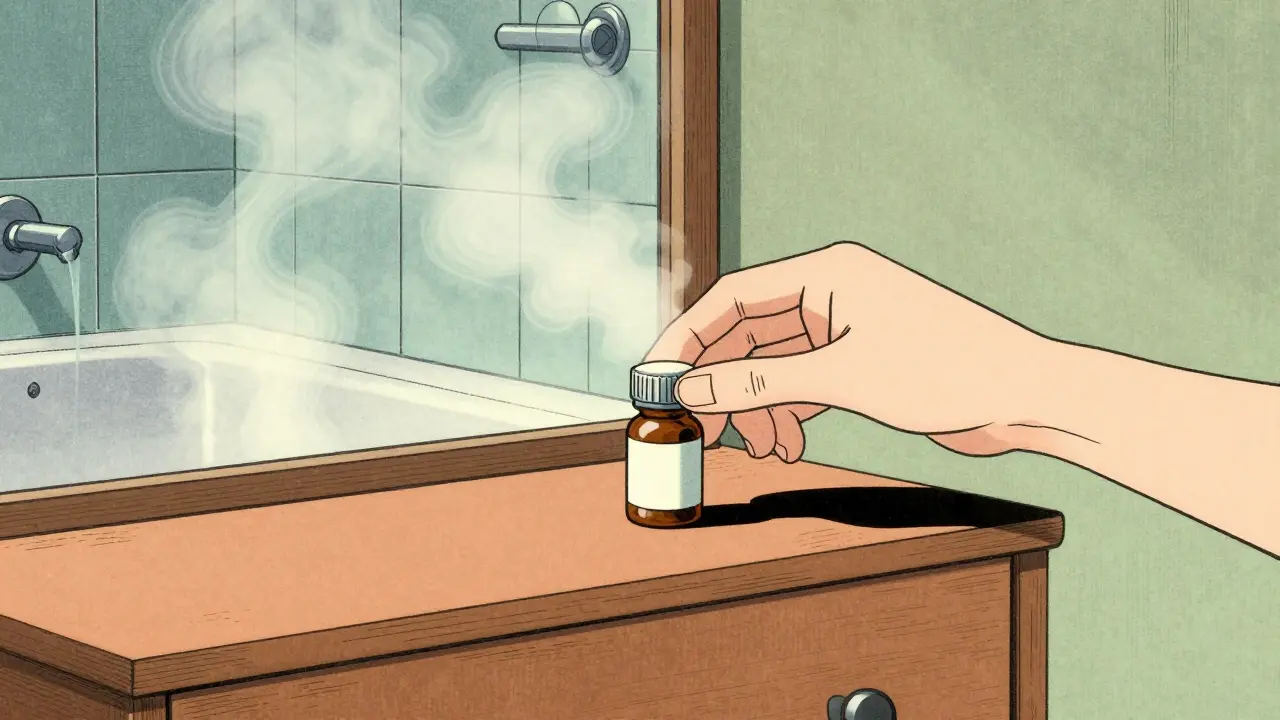 Ukiyo-e style image of moving medicine from a steamy bathroom to a dry bedroom dresser.