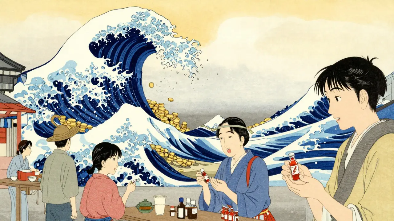 Villagers receiving medicine with a large wave of gold coins representing healthcare savings.